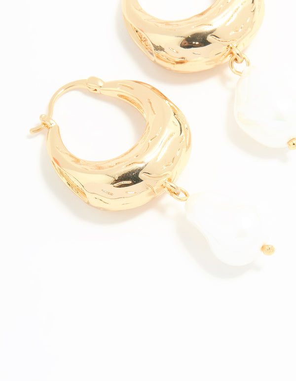 Gold Plated Pearl Drop Hoop Earrings
