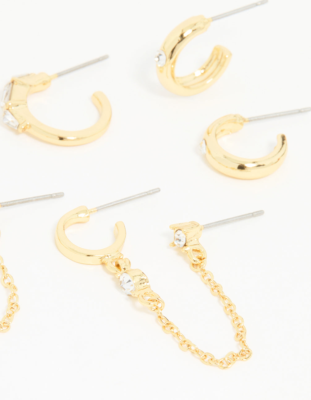 Gold Plated Diamante Hoop & Chain Drop Earrings 5-Pack