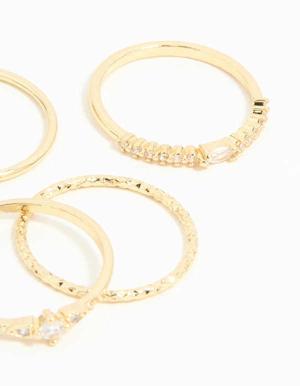 Gold Plated Cubic Zirconia & Plain Rings 5-Pack