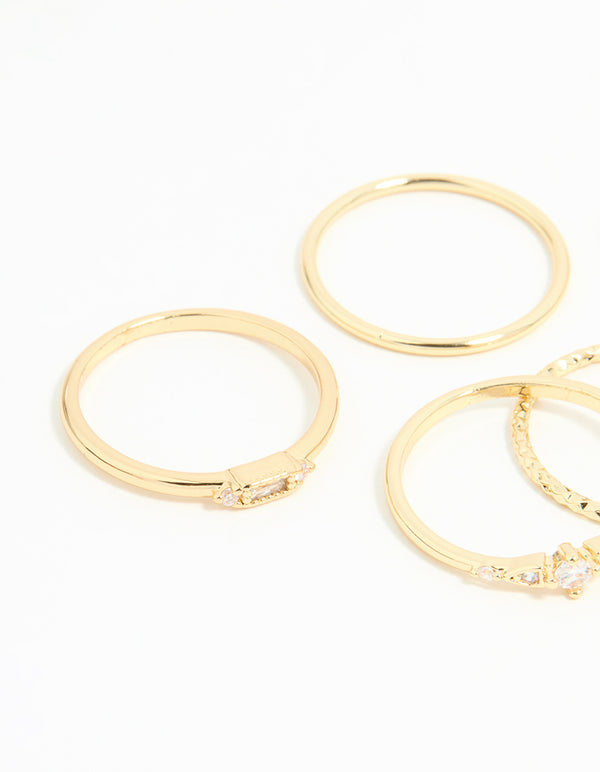 Gold Plated Cubic Zirconia & Plain Rings 5-Pack