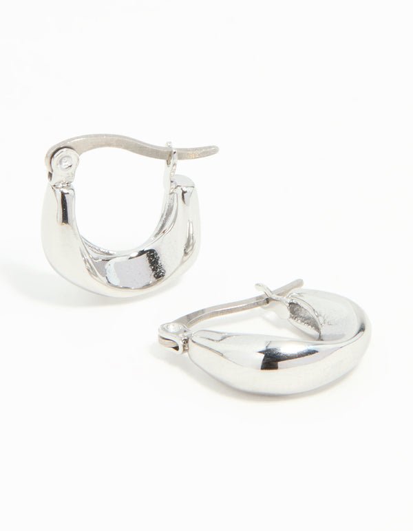 Showcasing waterproof organic twisted hoop earrings crafted from gold plated stainless steel in silver front view