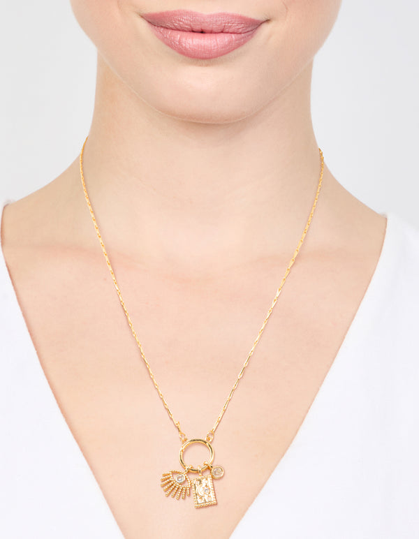 Waterproof Gold Plated Stainless Steel Cubic Zirconia Cluster Charm Hoop Necklace