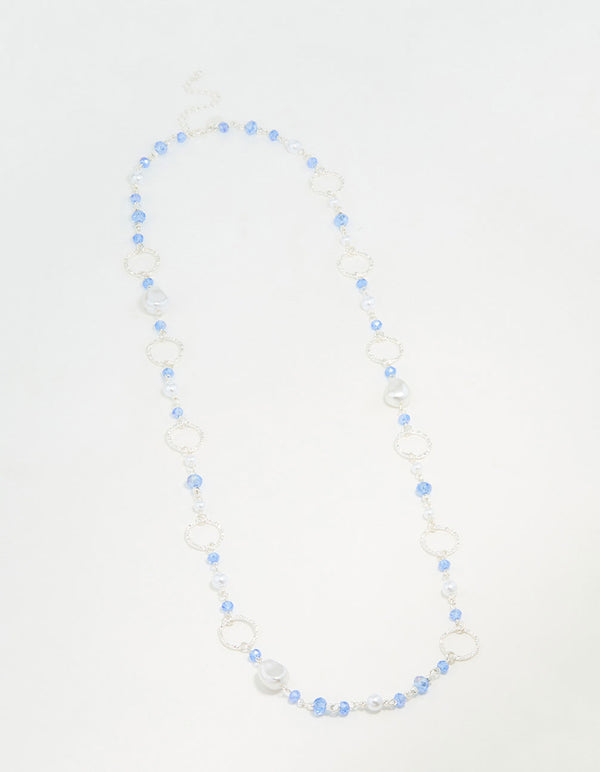 Silver Crater Hoop & Blue Beaded Necklace