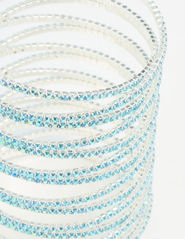 Silver Aqua Diamante Crossover Layered Wrist Cuff