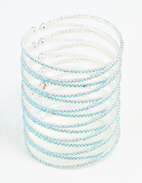 Silver Aqua Diamante Crossover Layered Wrist Cuff