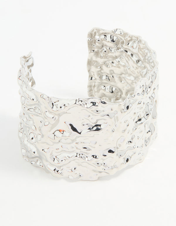 Silver Molten Wide Textured Wrist Cuff
