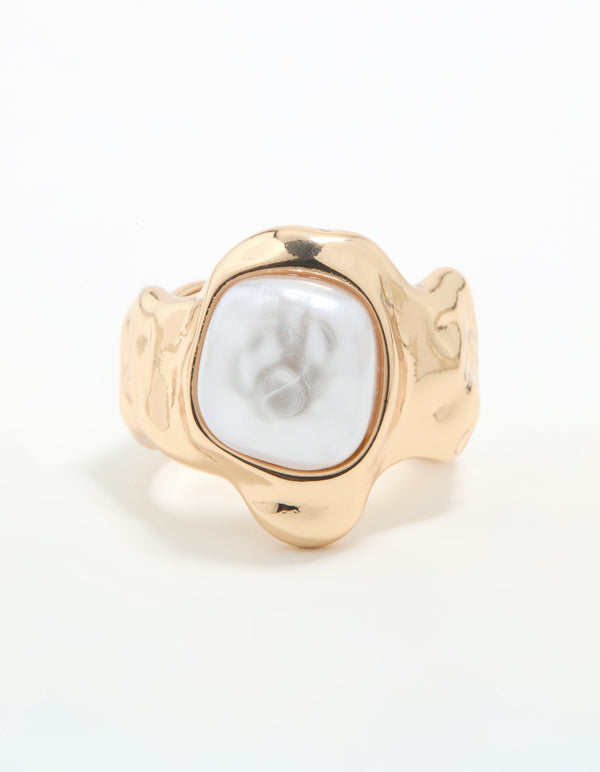 Gold Pearl Statement Molten Ring