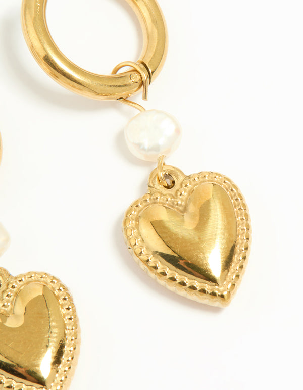 Waterproof Gold Plated Stainless Steel Pearl Heart Huggie Earrings