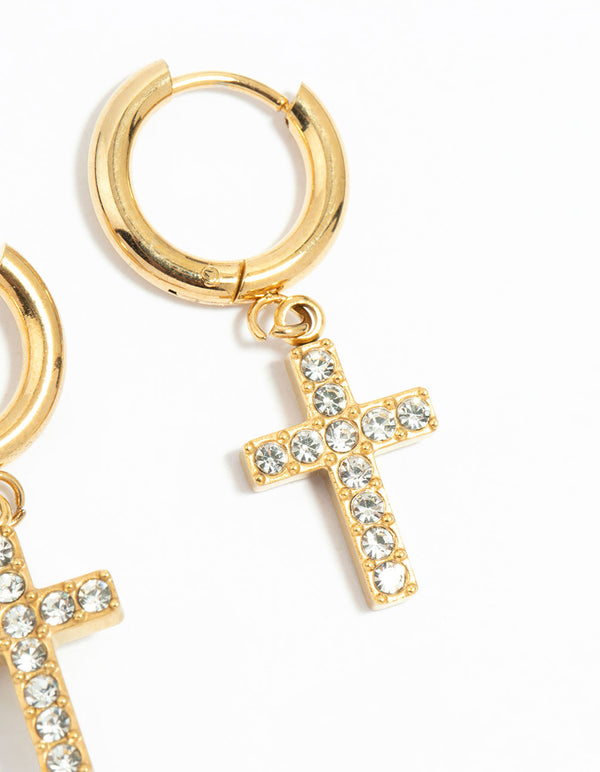 Waterproof Gold Plated Stainless Steel Diamante Cross Huggie Earrings