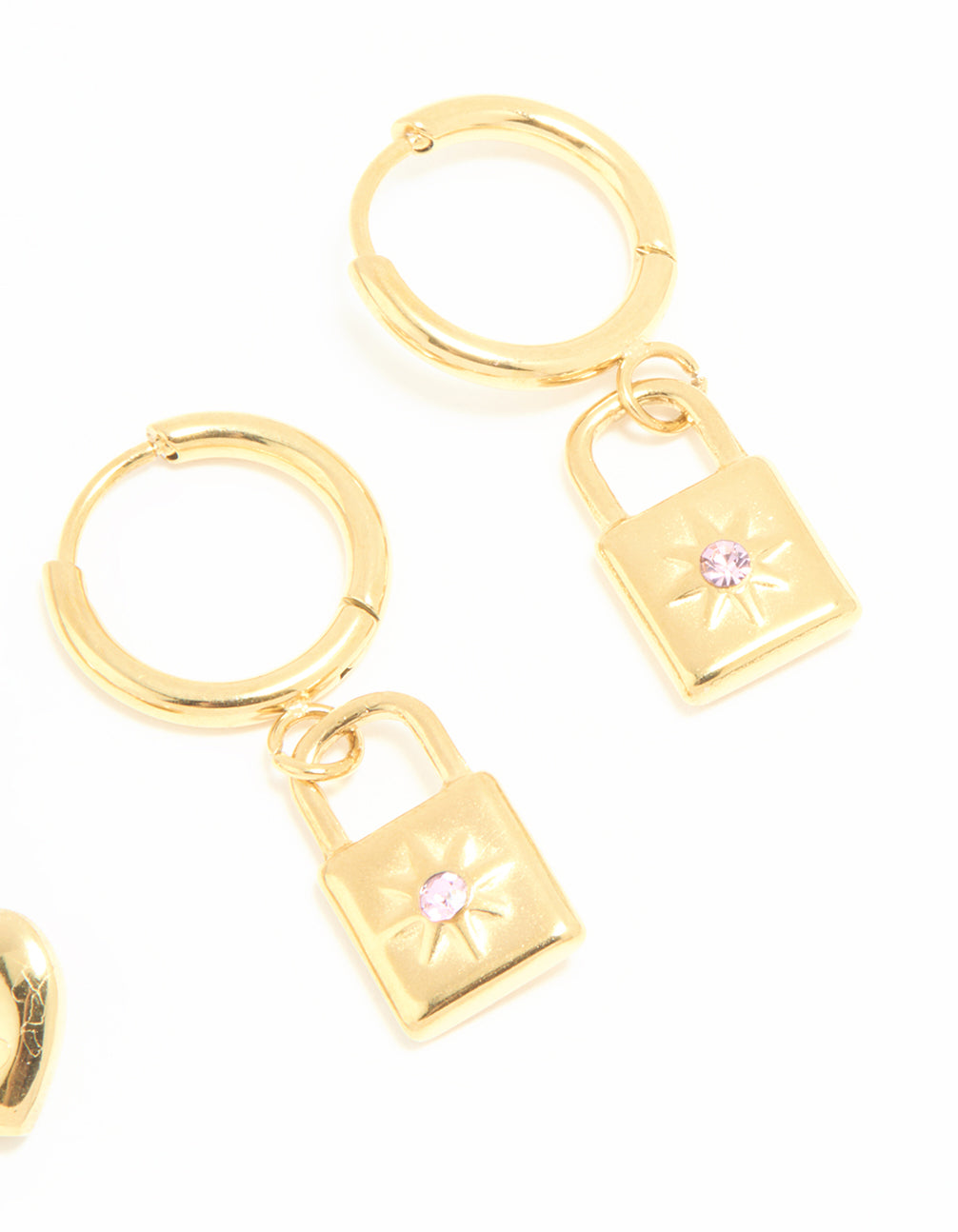 Waterproof Gold Plated Stainless Steel Heart & Lock Huggie Earrings 2-Pack