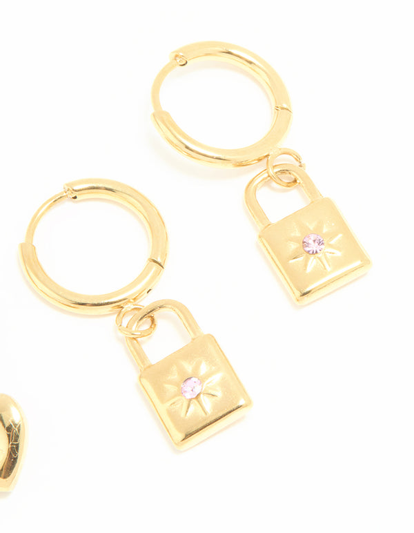 Waterproof Gold Plated Stainless Steel Heart & Lock Huggie Earrings 2-Pack