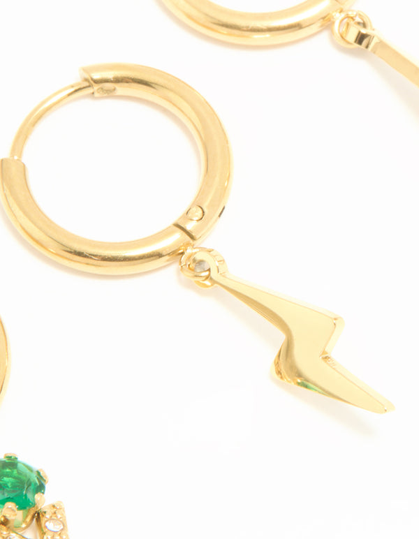 Waterproof Gold Plated Stainless Steel Cubic Zirconia & Lightning Bolt Huggie Earrings 2-Pack