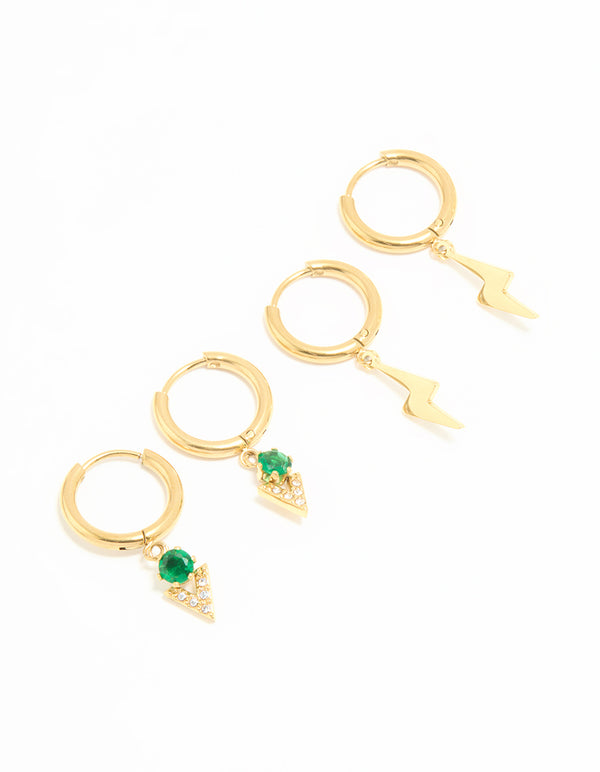 Waterproof Gold Plated Stainless Steel Cubic Zirconia & Lightning Bolt Huggie Earrings 2-Pack