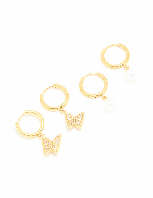 Waterproof Gold Plated Stainless Steel Diamante & Freshwater Pearl Butterfly Huggie Earrings 2-Pack