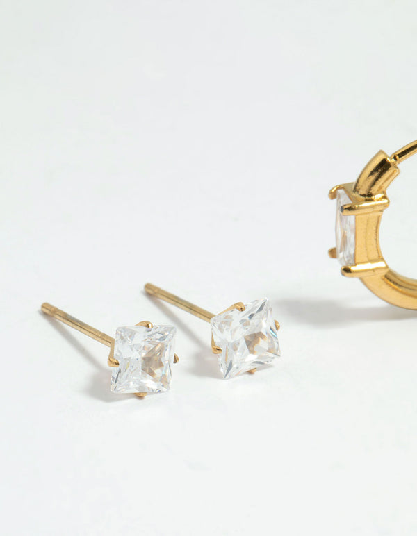 Waterproof Gold Plated Stainless Steel Cubic Zirconia Stud & Huggie Earrings 2-Pack