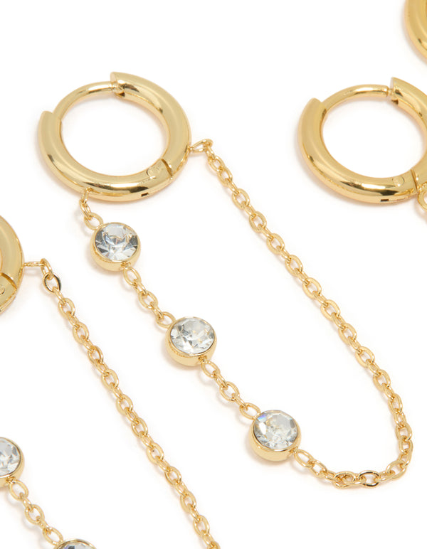 Waterproof Gold Plated Stainless Steel Cubic Zirconia Chain Droplet Earrings 2-Pack