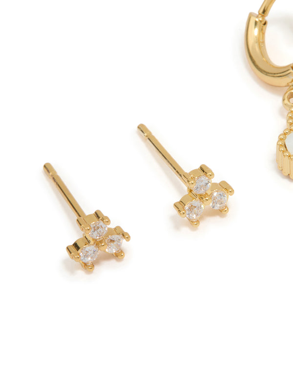 Waterproof Gold Plated Stainless Steel Cubic Zirconia Petal Earrings 2-Pack