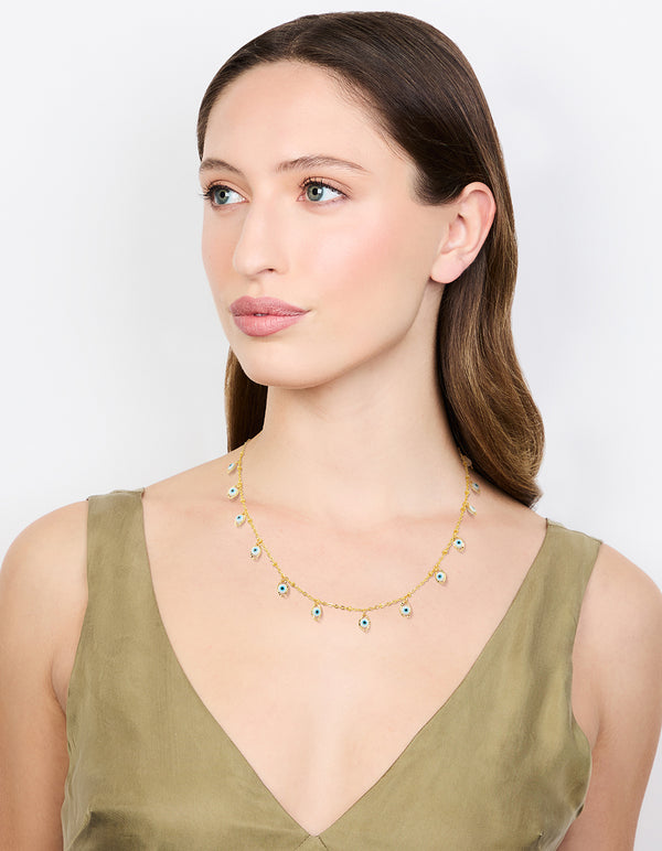Designed with waterproof gold plated stainless steel is this evil eye charm pendants necklace on model view