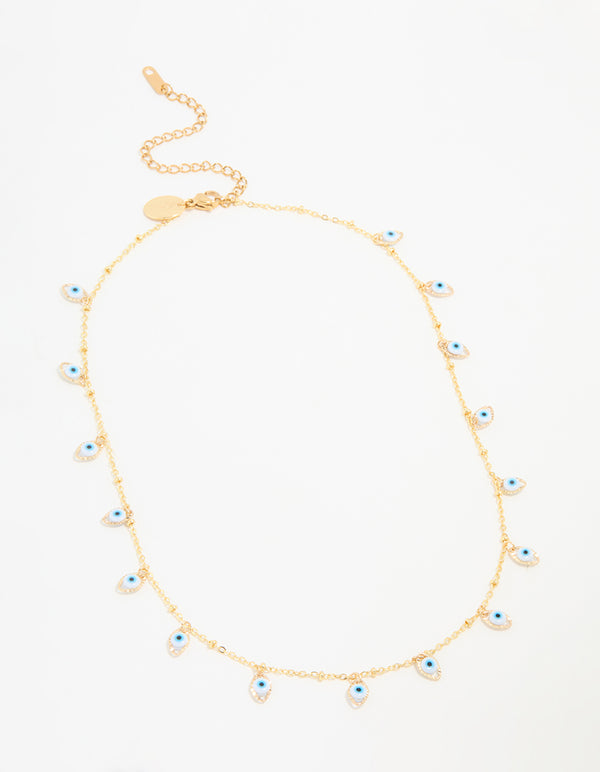 Crafted from waterproof gold plated stainless steel evil eye charm necklace with pendant features front view