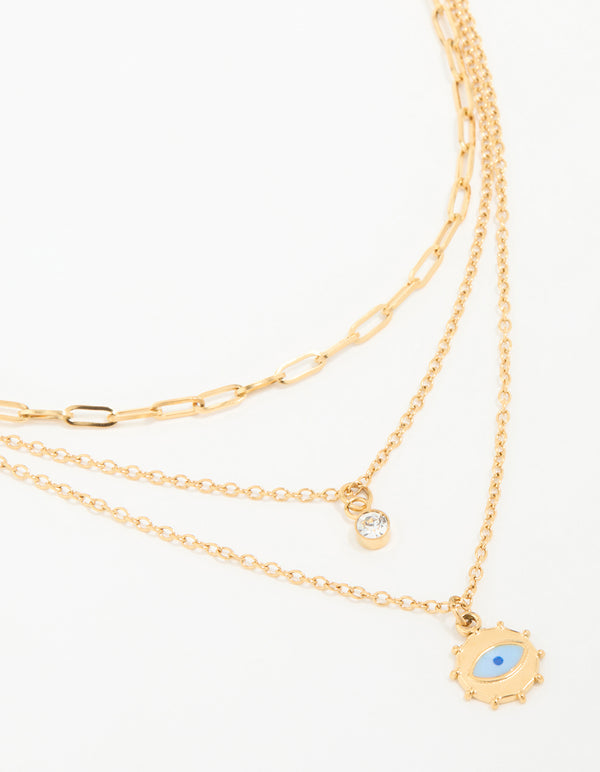 Waterproof Gold Plated Stainless Steel Evil Eye Layered Necklace
