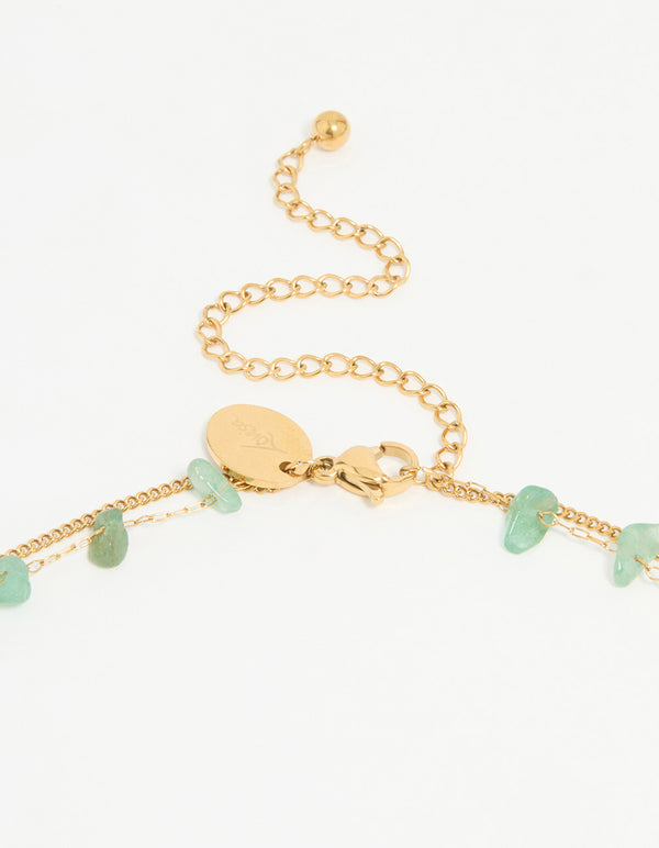 Waterproof Gold Plated Stainless Steel Green Stone Layered Necklace