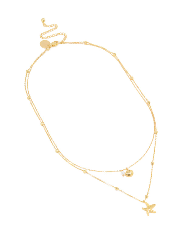 Waterproof Gold Plated Stainless Steel Star & Shell Layered Necklace