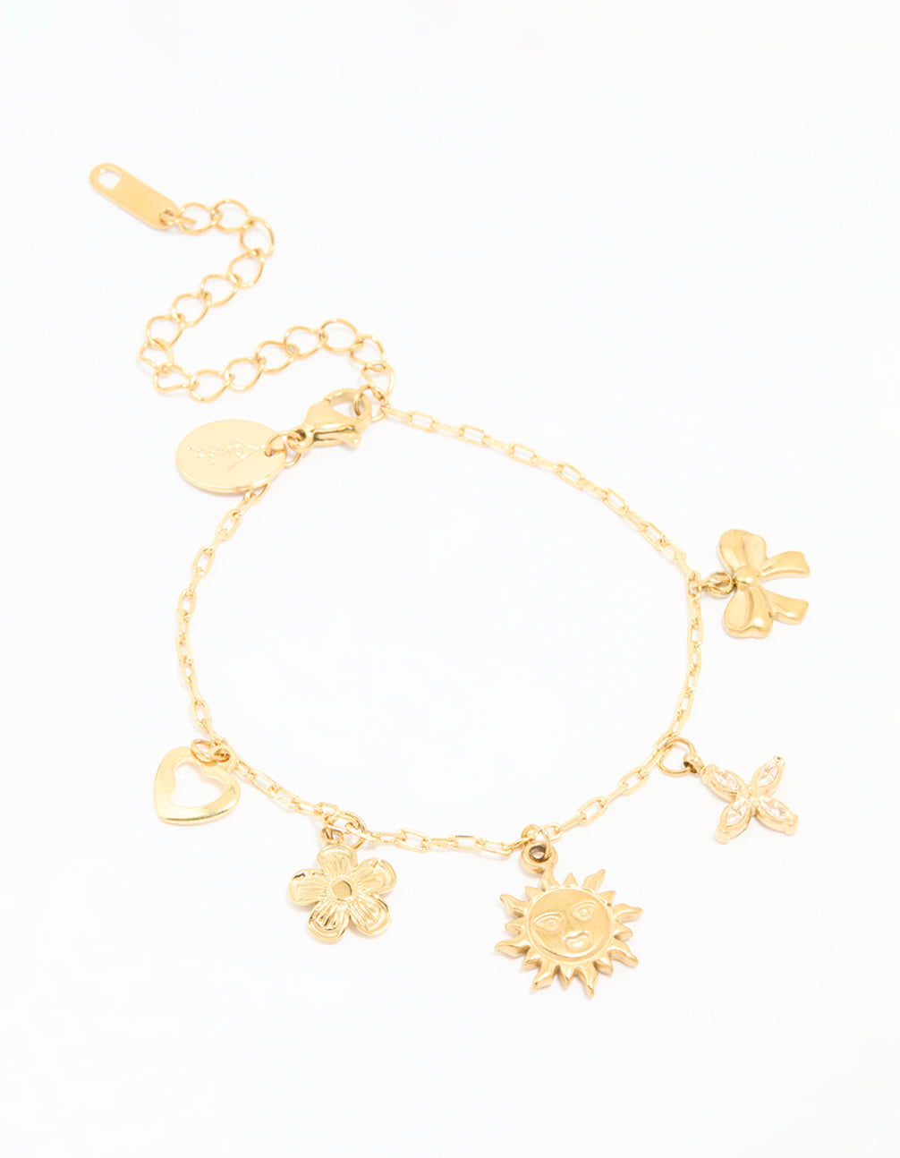 Waterproof Gold Plated Stainless Steel Flower & Sun Charm Bracelet