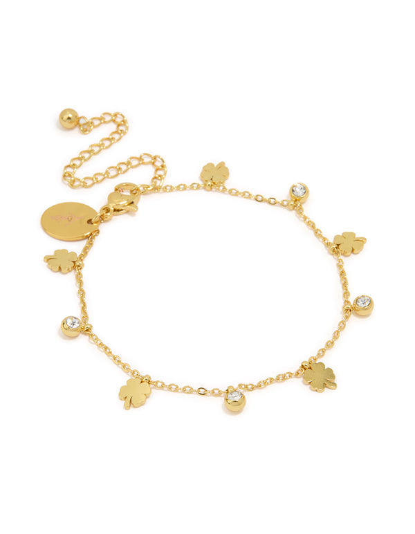 Waterproof Gold Plated Stainless Steel Cubic Zirconia Shamrock Bracelet