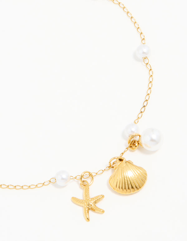 Waterproof Gold Plated Stainless Steel Pearl Star & Shell Charm Anklet