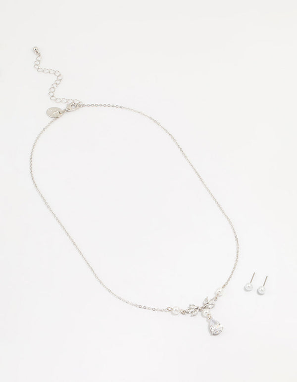 Silver Pearl Cubic Zirconia Drop Necklace & Earrings Set