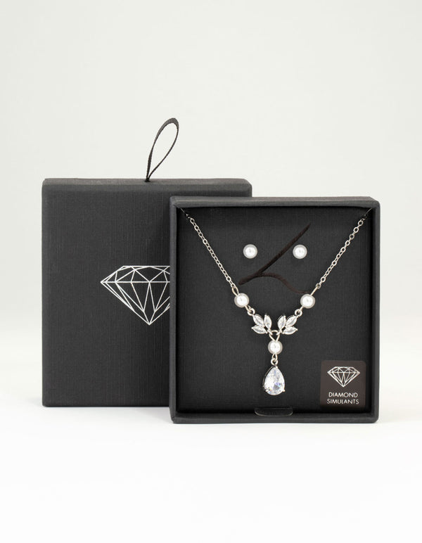 Silver Pearl Cubic Zirconia Drop Necklace & Earrings Set