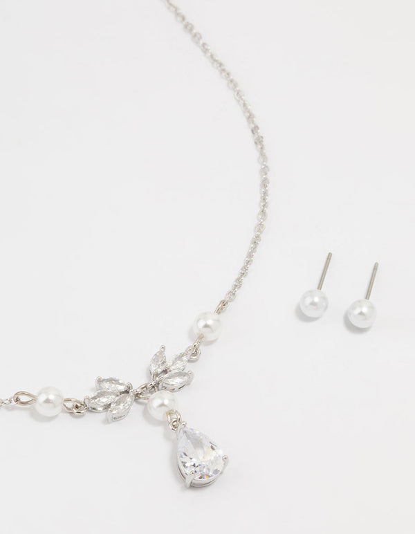 Silver Pearl Cubic Zirconia Drop Necklace & Earrings Set