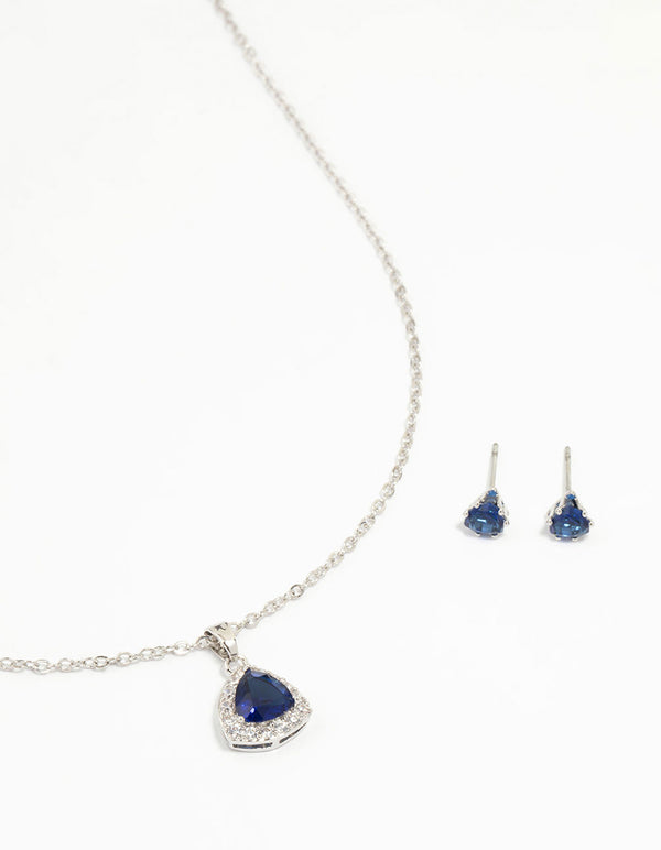 Silver Blue Cubic Zirconia Blue Pendant Necklace & Earrings Set