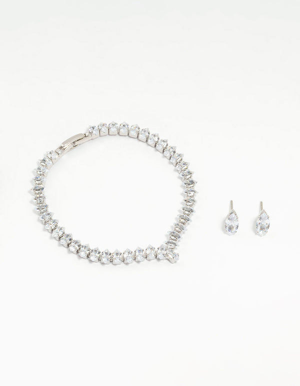 Silver Cubic Zirconia Marquise Tennis Bracelet & Earrings Set