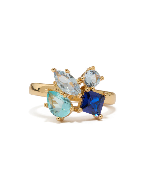 Gold Plated Light & Dark Blue Cubic Zirconia Cluster Ring