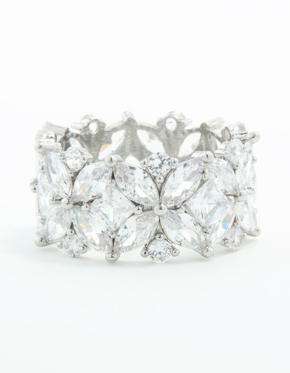 Silver Plated Cubic Zirconia Floral Wide Band Ring