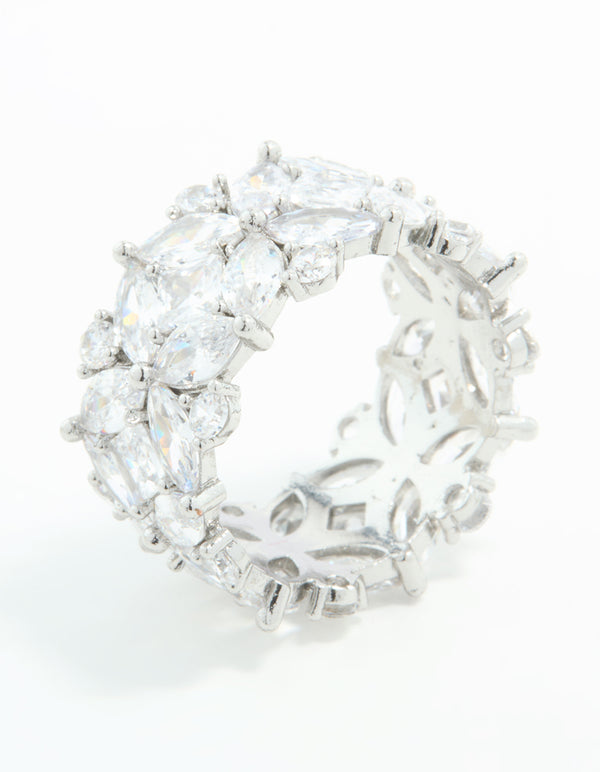 Silver Cubic Zirconia Floral Wide Band Ring