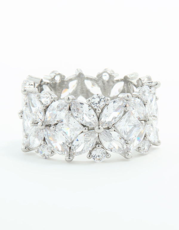 Silver Cubic Zirconia Floral Wide Band Ring