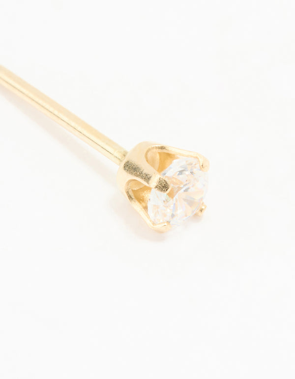 Close-up of 14K solid yellow gold 3MM cubic zirconia piercing stud with crystal and stud closure close up view