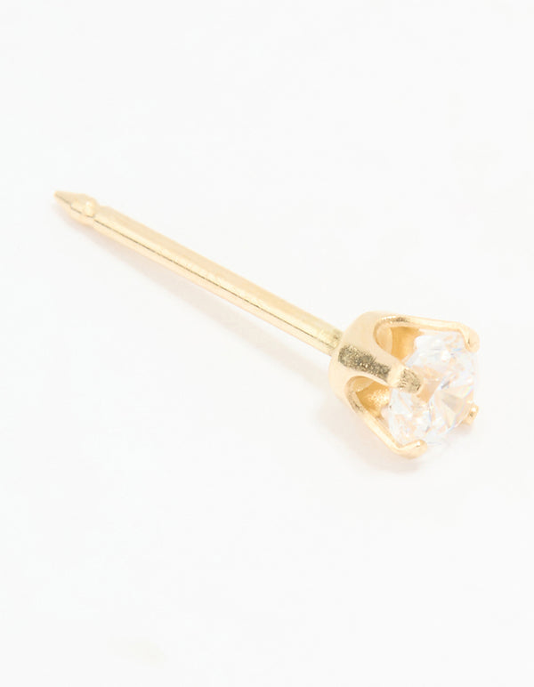 Showcasing a 14K solid yellow gold 3MM cubic zirconia piercing stud featuring crystal and stud closure front view