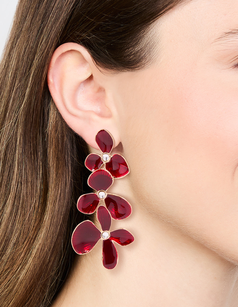 Gold Red Enamel Triple Flower Drop Earrings