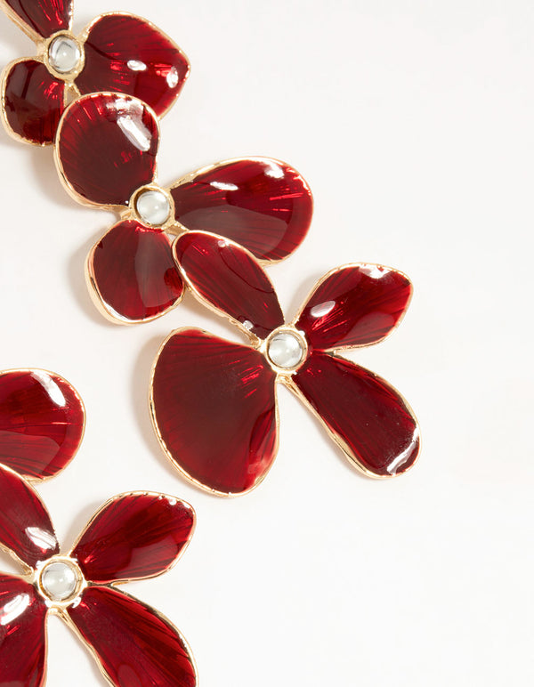 Gold Red Enamel Triple Flower Drop Earrings