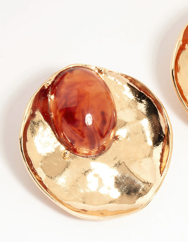 Gold Stone Disc Large Stud Earrings