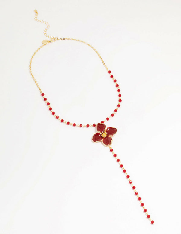 Gold Red Beaded Flower Y-Necklace
