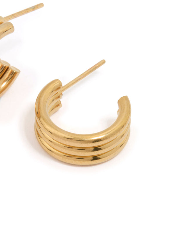 Highlighting waterproof gold plated stainless steel fluted hoop earrings in gold post detail view