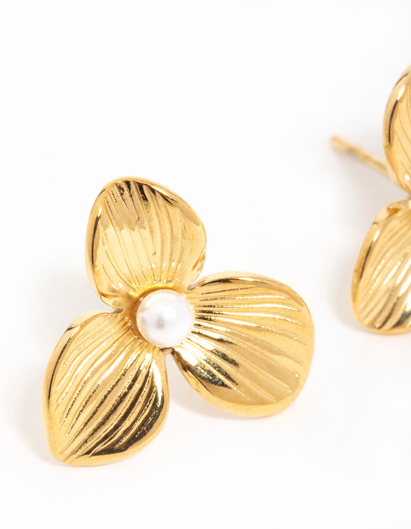 Waterproof Gold Plated Stainless Steel Pearl Flower Stud Earrings