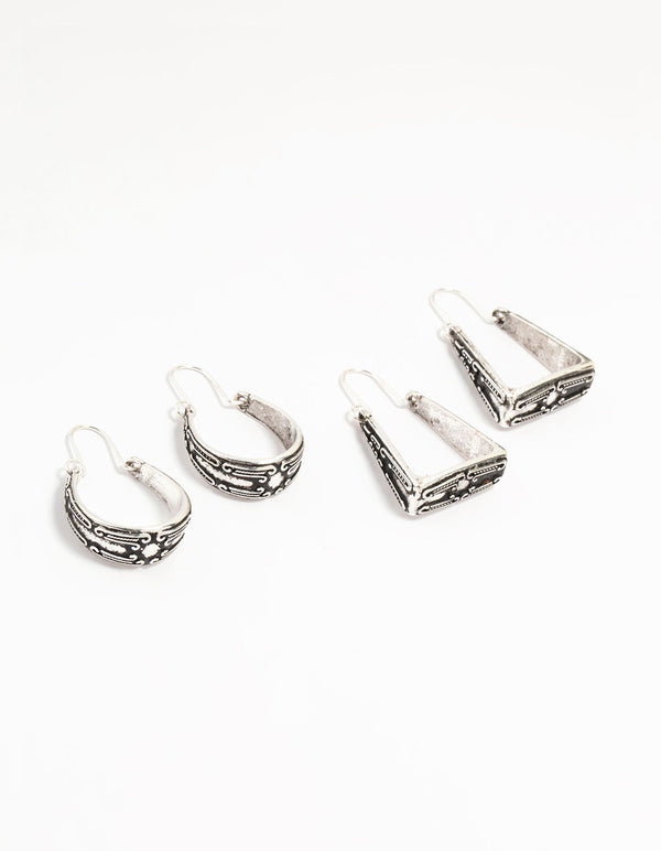 Antique Silver Engraved Medium Hoop Earrings 2-Pack