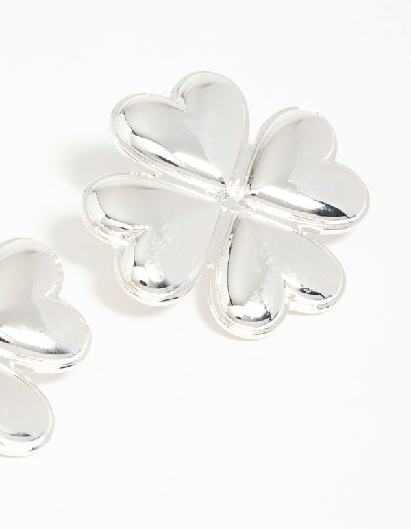Silver Heart Flower Stud Earrings