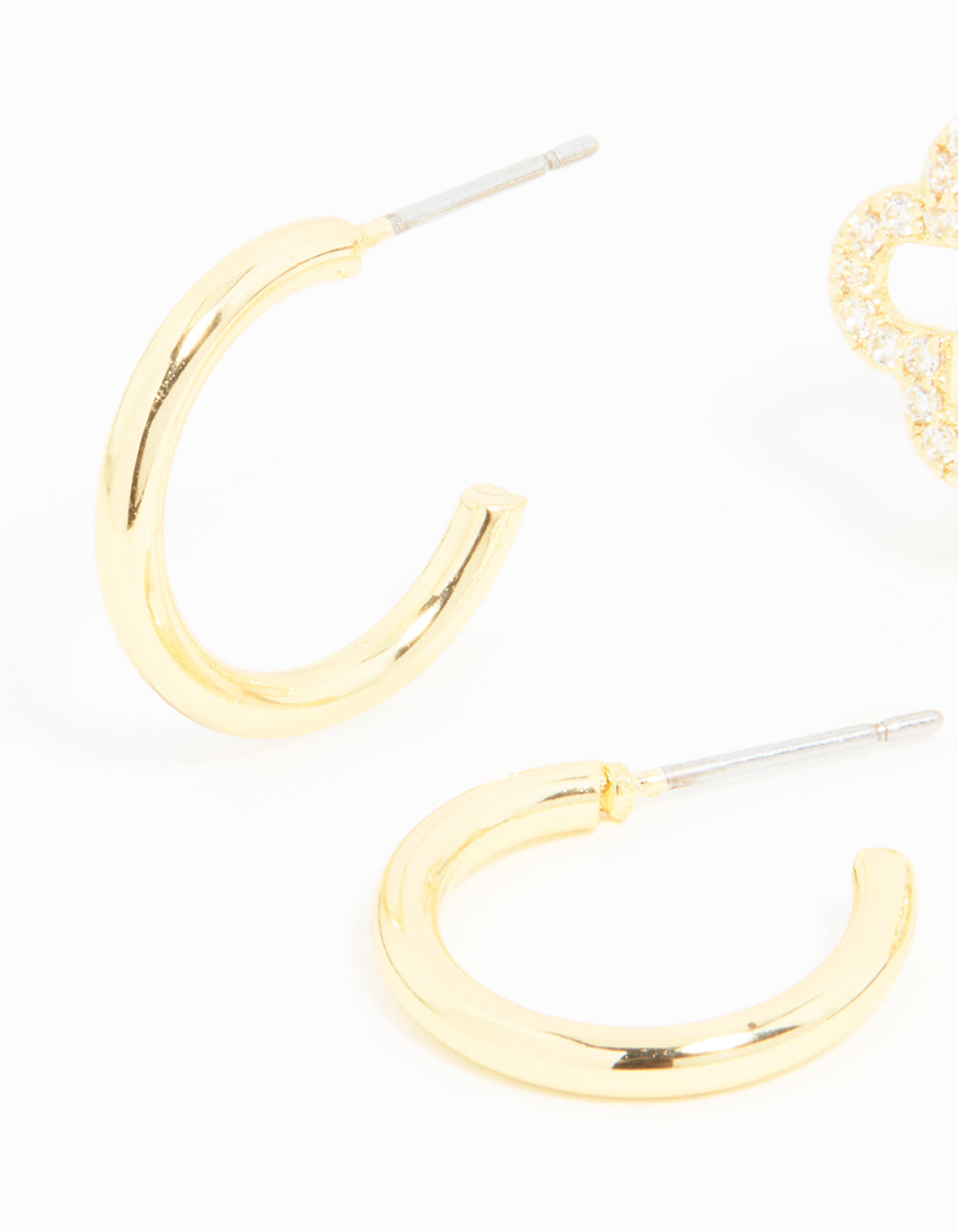 Gold Plated Cubic Zirconia Flower & Plain Huggie Earrings 2-Pack