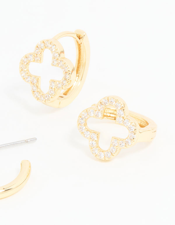 Gold Plated Cubic Zirconia Flower & Plain Huggie Earrings 2-Pack